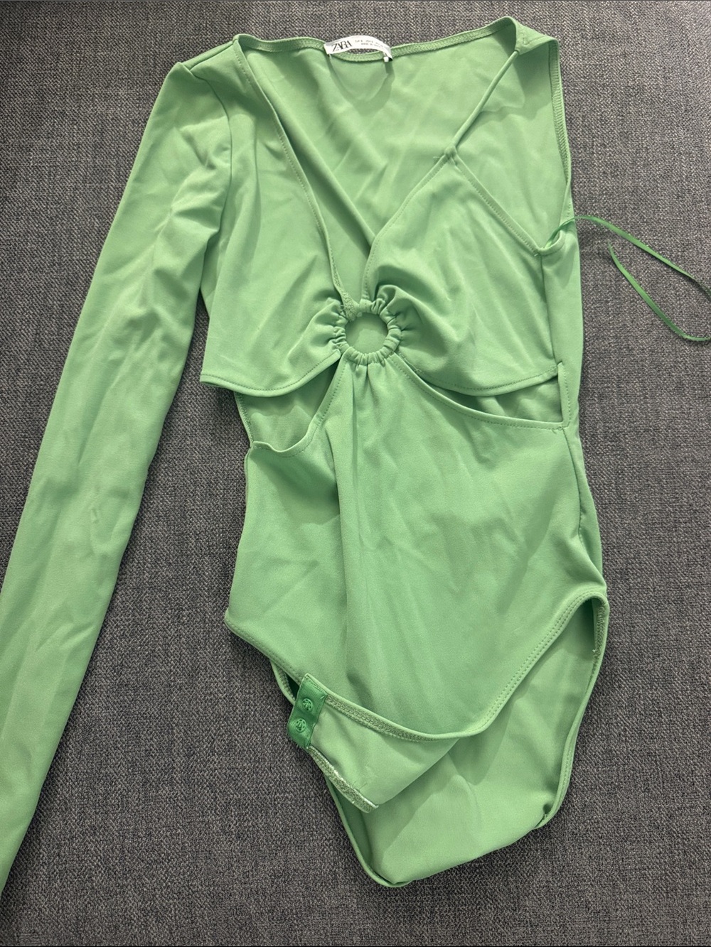 Zara Green Long-Sleeve Cutout Bodysuit with Ring Detail
